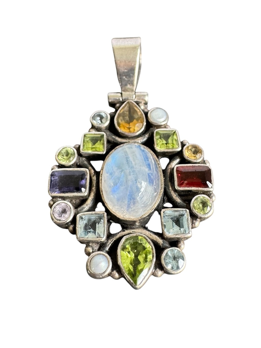 Rainbow Moonstone Stone Sterling Silver Gemstone Peridot Necklace Vintage 925